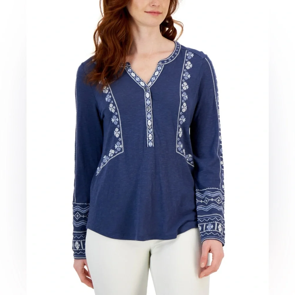 NWT STYLE & CO Women's Cotton Blue Floral Embroidered Shirt Womens size Large - Picture 1 of 8